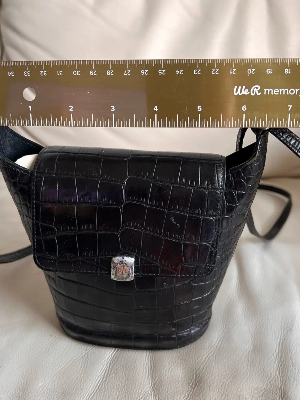 Lauren Ralph Lauren Black Croc-Embossed Leather Shoulder Crossbody Bag